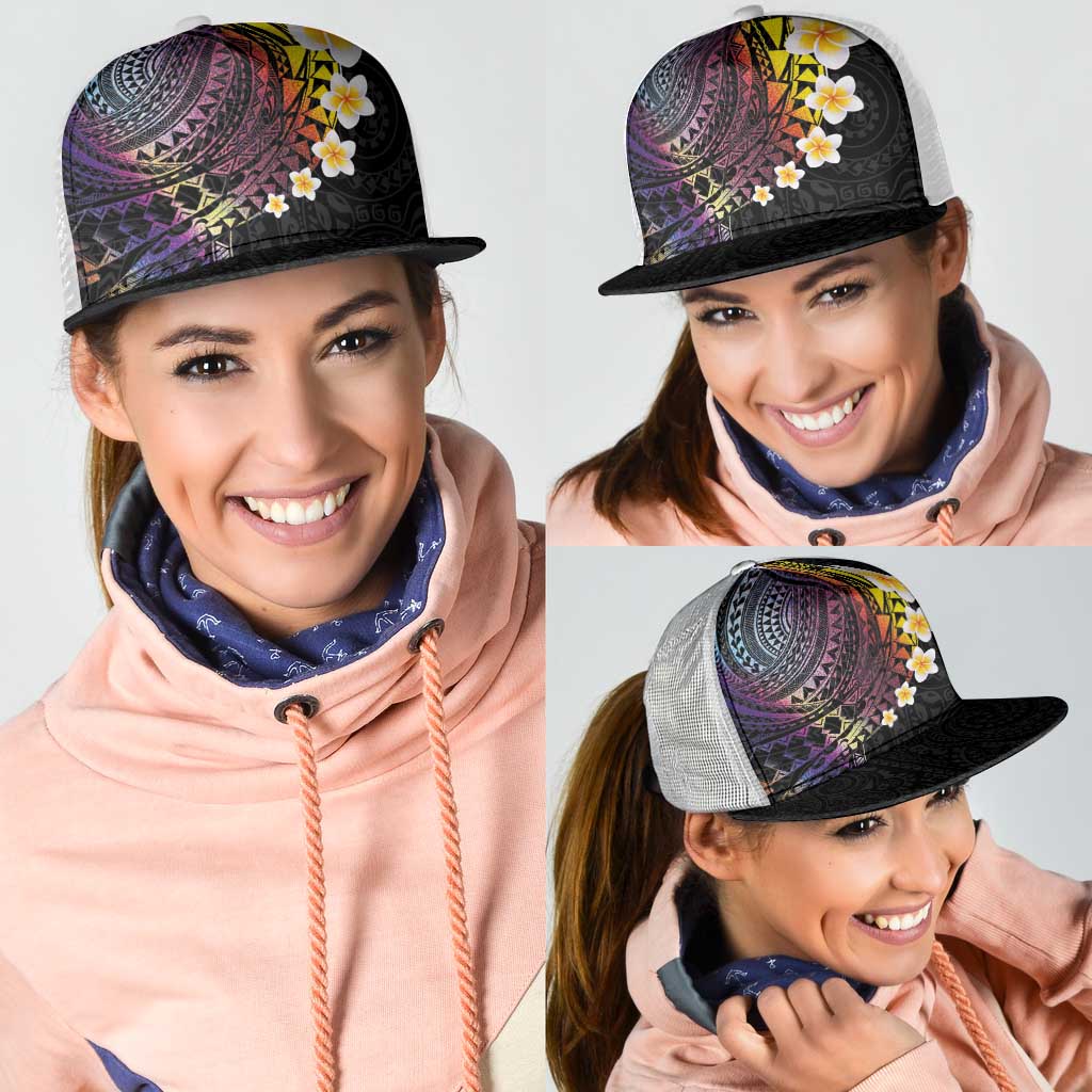 Hawaiian Tribal Tattoo and Plumeria Mesh Trucker Cap Polynesian Pattern Rainbow
