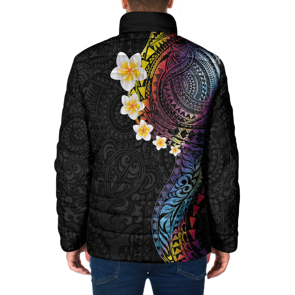 Hawaiian Tribal Tattoo and Plumeria Padded Jacket Polynesian Pattern Rainbow