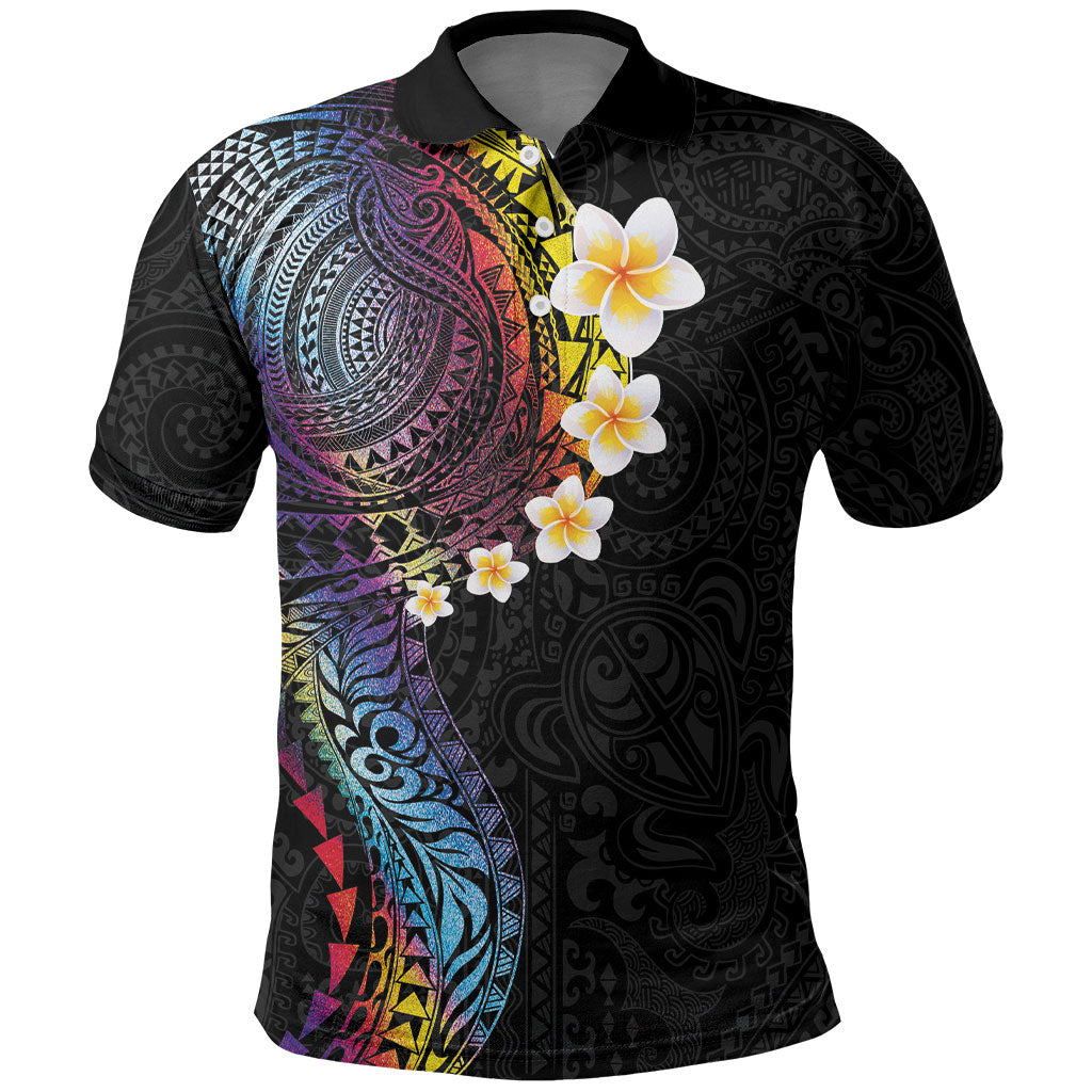 Hawaiian Tribal Tattoo and Plumeria Polo Shirt Polynesian Pattern Rainbow