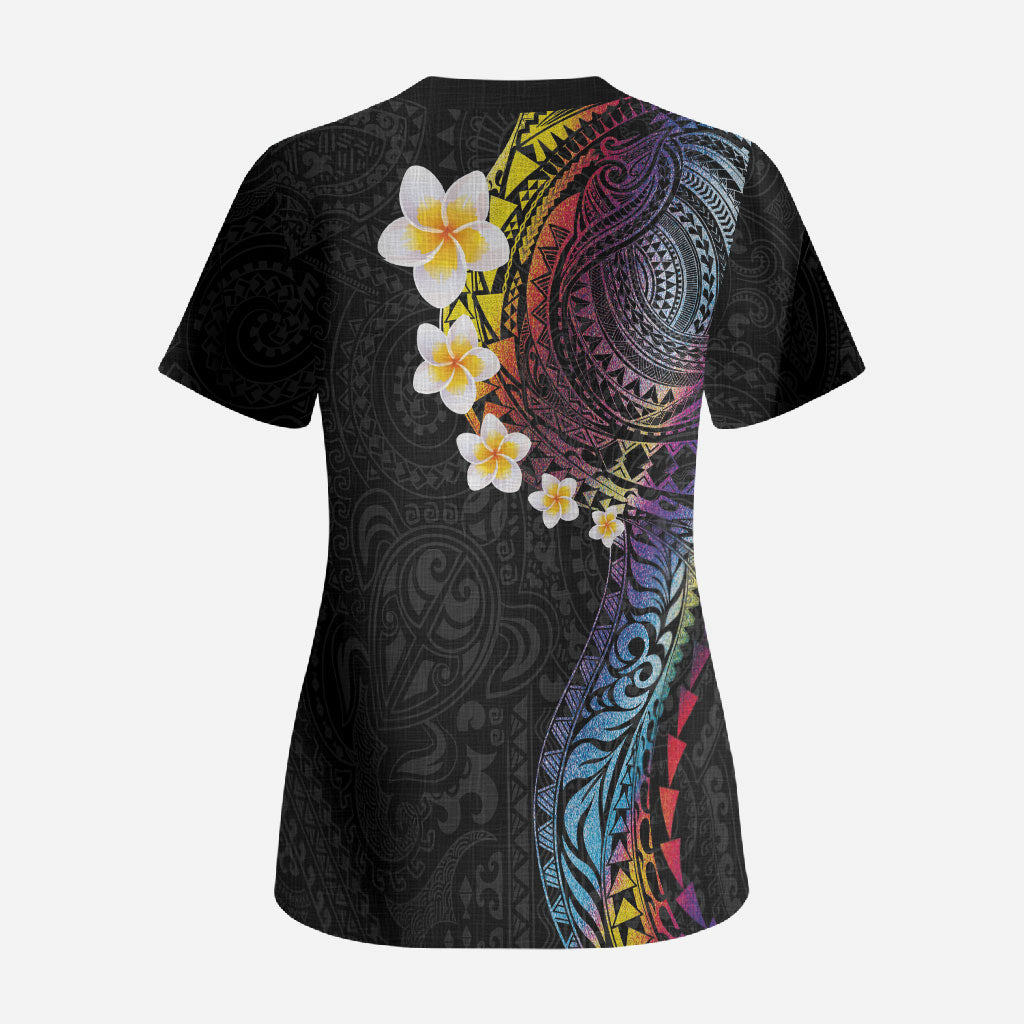 Hawaiian Tribal Tattoo and Plumeria Scrub Top Polynesian Pattern Rainbow