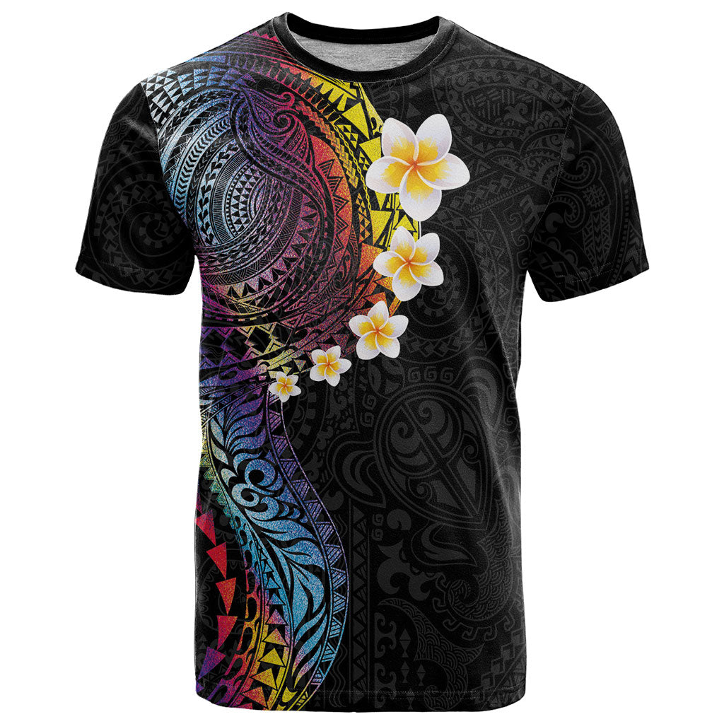 Hawaiian Tribal Tattoo and Plumeria T Shirt Polynesian Pattern Rainbow