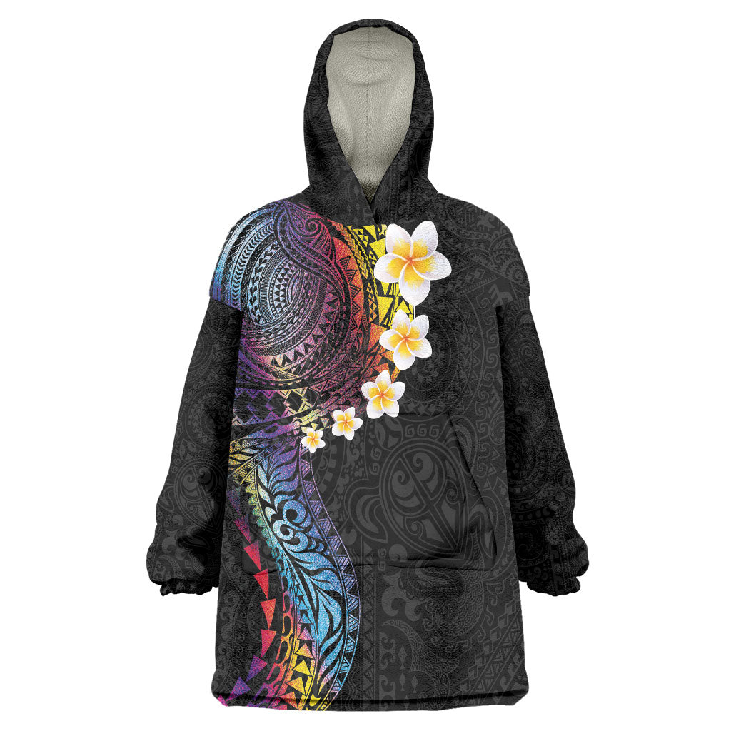 Hawaiian Tribal Tattoo and Plumeria Wearable Blanket Hoodie Polynesian Pattern Rainbow