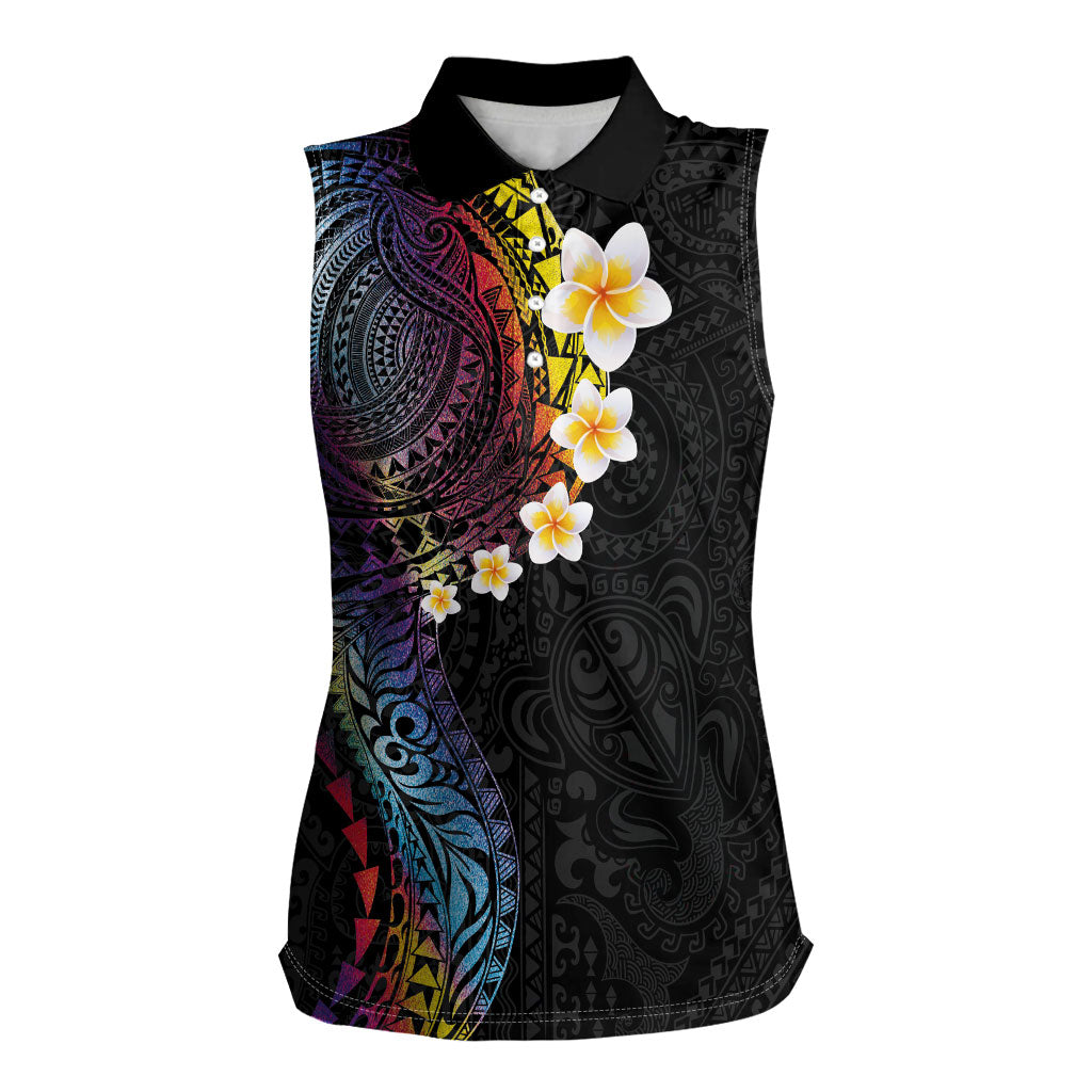 Hawaiian Tribal Tattoo and Plumeria Women Sleeveless Polo Shirt Polynesian Pattern Rainbow