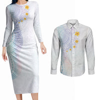Hawaiian Tribal Tattoo and Plumeria Couples Matching Long Sleeve Bodycon Dress and Long Sleeve Button Shirt Polynesian Pattern Sweet