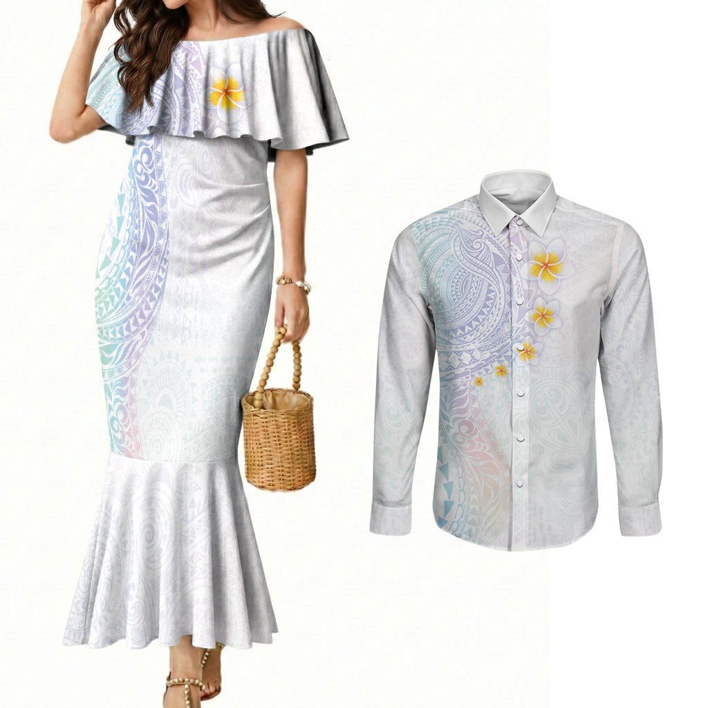 Hawaiian Tribal Tattoo and Plumeria Couples Matching Mermaid Dress and Long Sleeve Button Shirt Polynesian Pattern Sweet