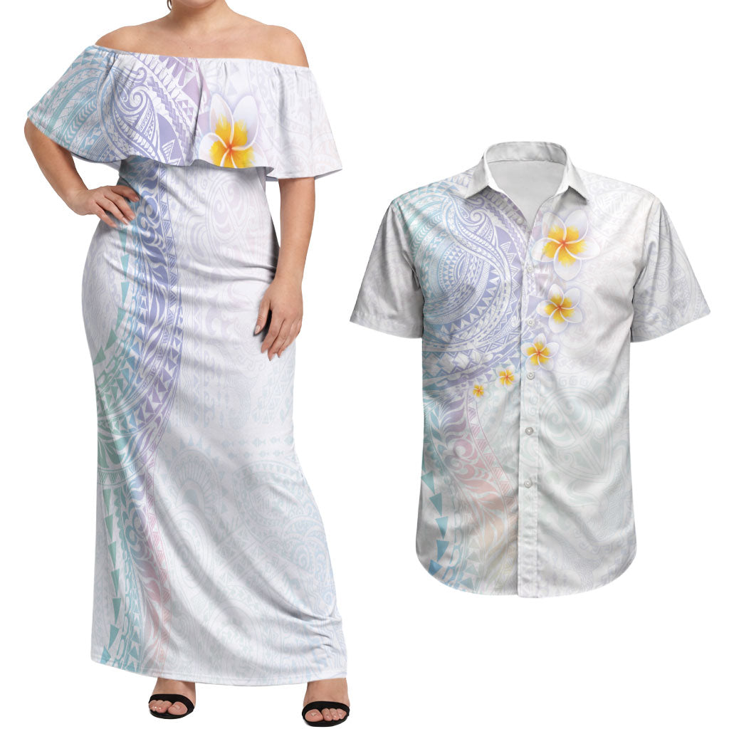 Hawaiian Tribal Tattoo and Plumeria Couples Matching Off Shoulder Maxi Dress and Hawaiian Shirt Polynesian Pattern Sweet