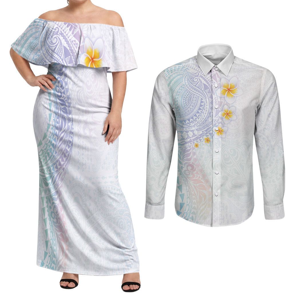 Hawaiian Tribal Tattoo and Plumeria Couples Matching Off Shoulder Maxi Dress and Long Sleeve Button Shirt Polynesian Pattern Sweet