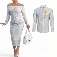 Hawaiian Tribal Tattoo and Plumeria Couples Matching Off The Shoulder Long Sleeve Dress and Long Sleeve Button Shirt Polynesian Pattern Sweet
