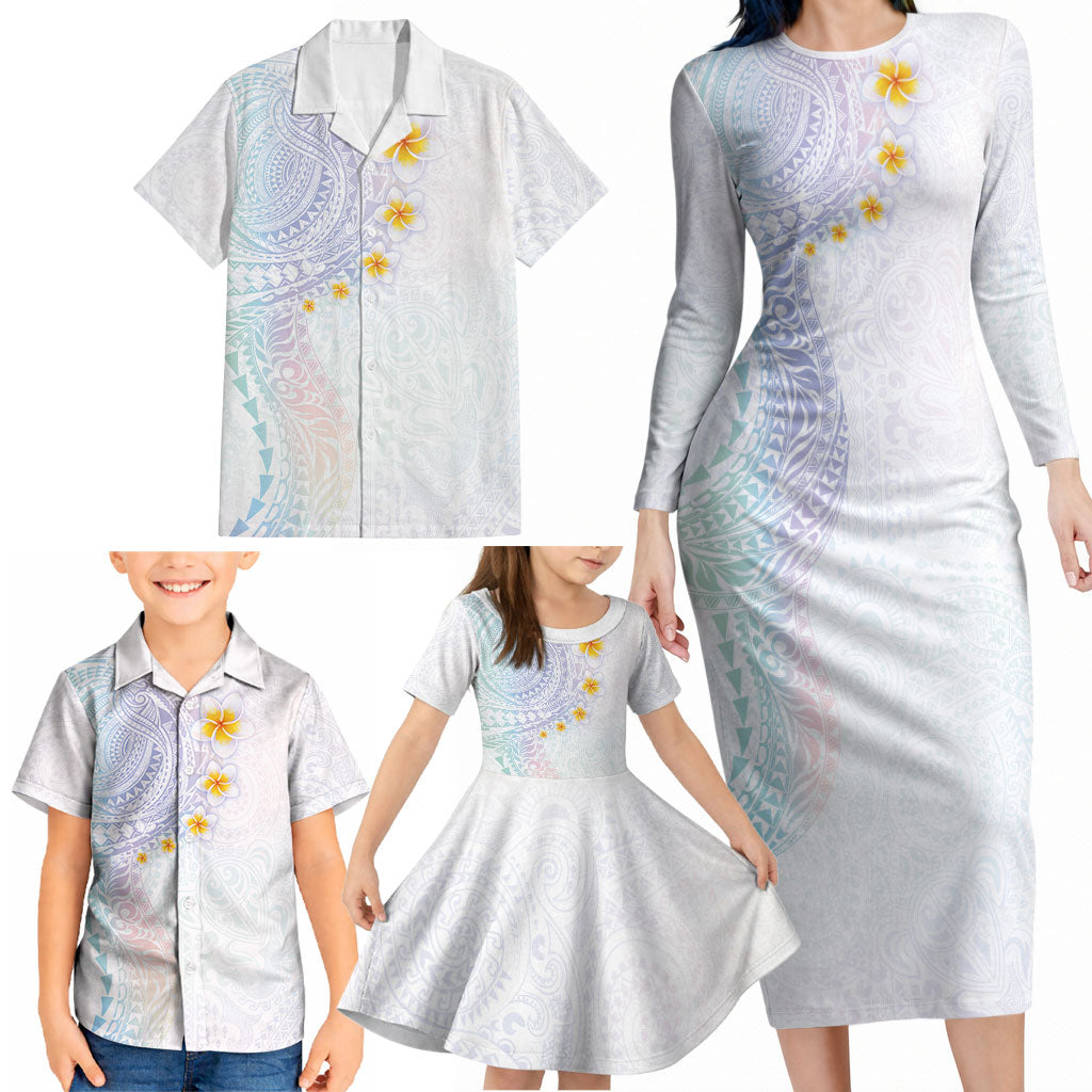 Hawaiian Tribal Tattoo and Plumeria Family Matching Long Sleeve Bodycon Dress and Hawaiian Shirt Polynesian Pattern Sweet