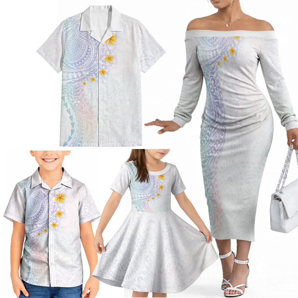 Hawaiian Tribal Tattoo and Plumeria Family Matching Off The Shoulder Long Sleeve Dress and Hawaiian Shirt Polynesian Pattern Sweet
