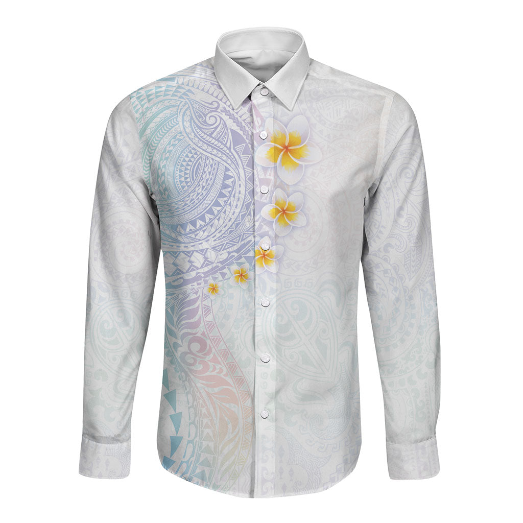 Hawaiian Tribal Tattoo and Plumeria Long Sleeve Button Shirt Polynesian Pattern Sweet