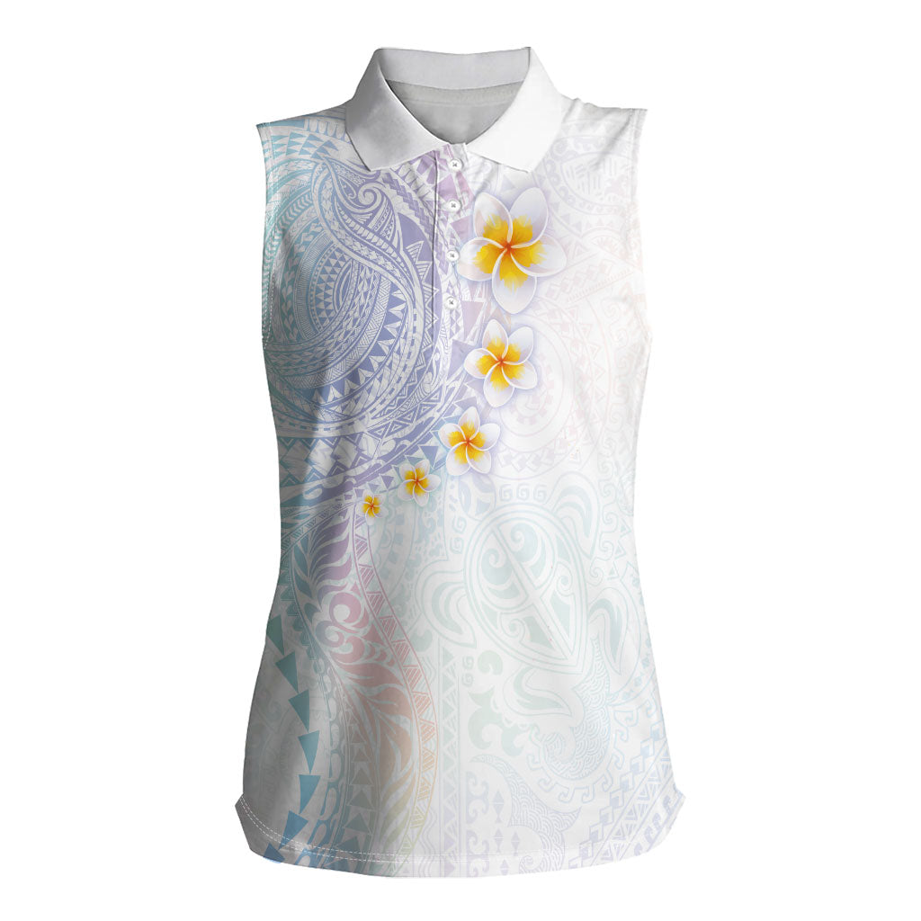 Hawaiian Tribal Tattoo and Plumeria Women Sleeveless Polo Shirt Polynesian Pattern Sweet