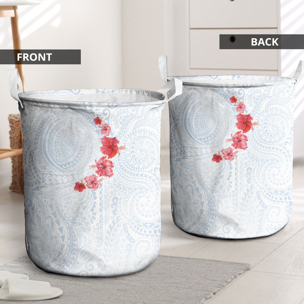 Hawaiian Tribal Tattoo and Hibiscus Laundry Basket Polynesian Pattern Airy White Blue Cloud
