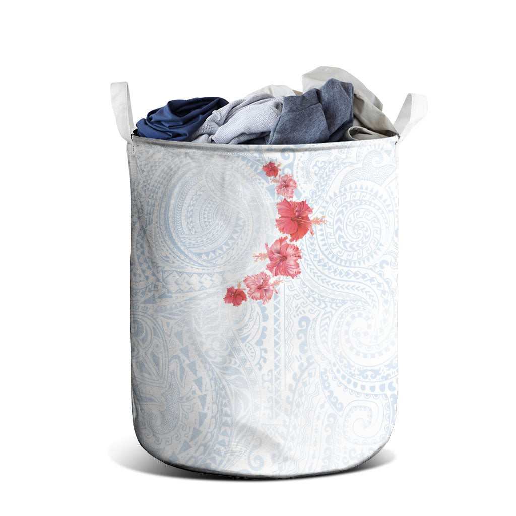 Hawaiian Tribal Tattoo and Hibiscus Laundry Basket Polynesian Pattern Airy White Blue Cloud