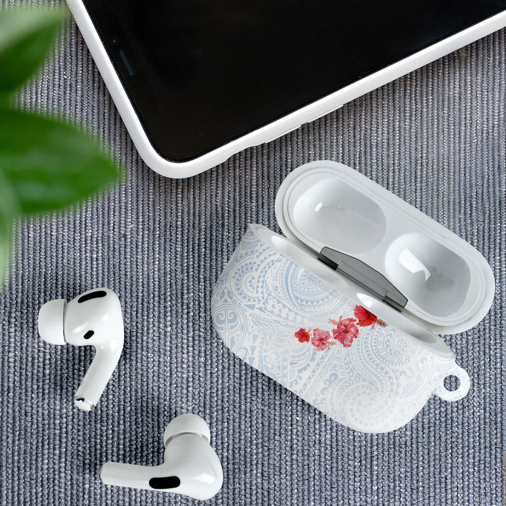 Hawaiian Tribal Tattoo and Hibiscus AirPods Case Polynesian Pattern Airy White Blue Cloud