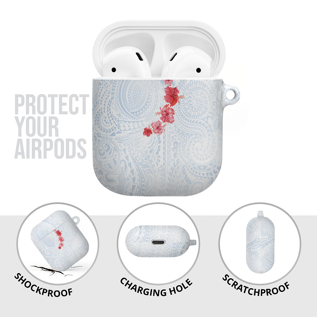 Hawaiian Tribal Tattoo and Hibiscus AirPods Case Polynesian Pattern Airy White Blue Cloud