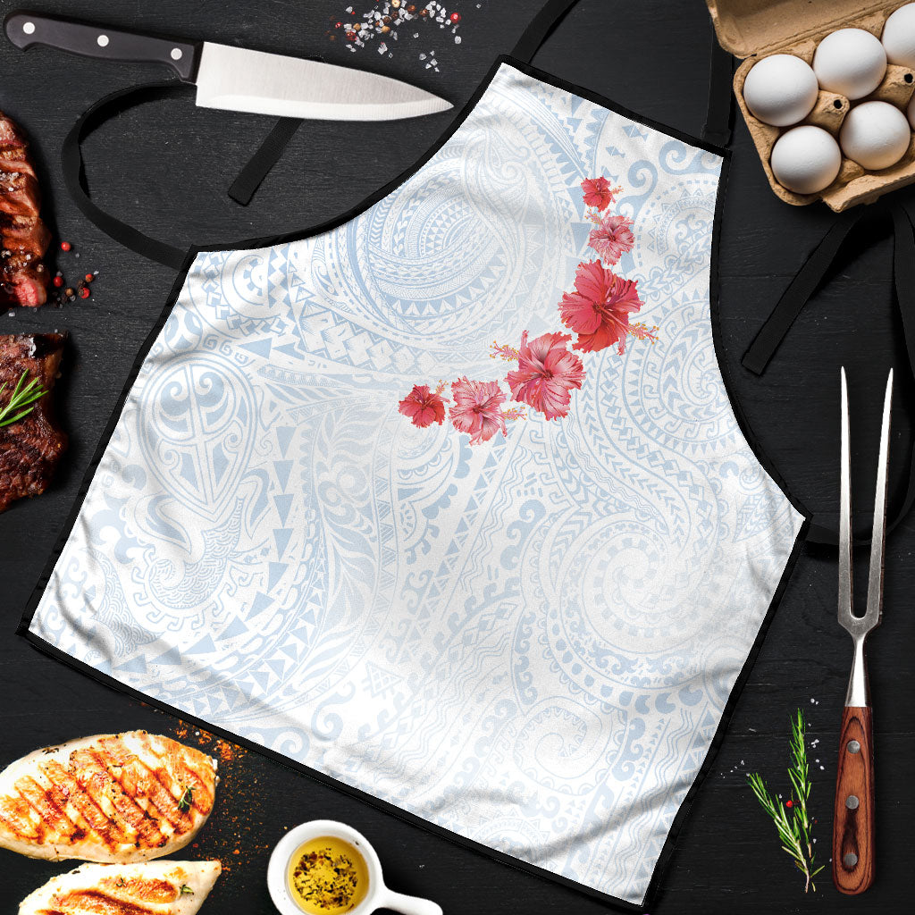 Hawaiian Tribal Tattoo and Hibiscus Apron Polynesian Pattern Airy White Blue Cloud