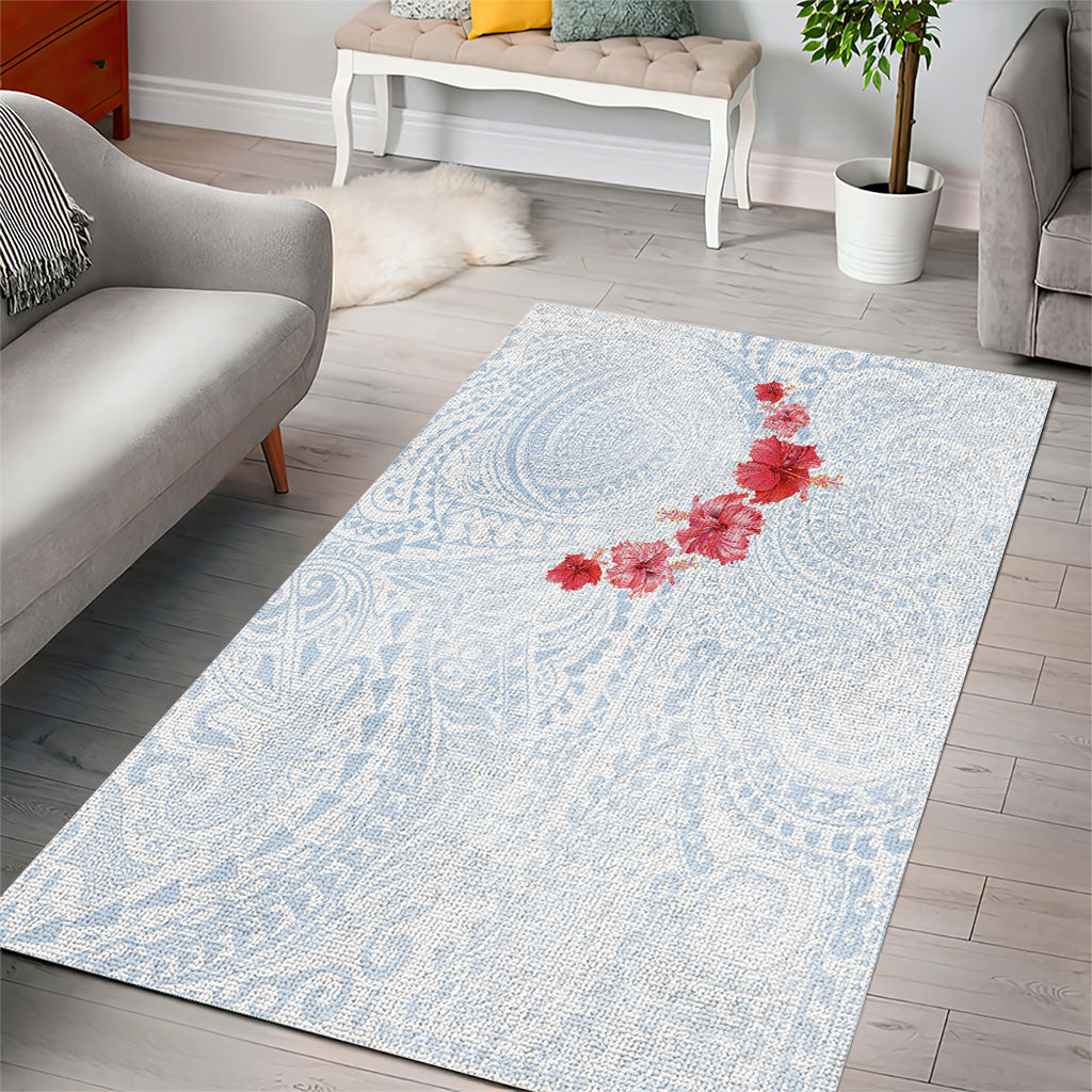 Hawaiian Tribal Tattoo and Hibiscus Area Rug Polynesian Pattern Airy White Blue Cloud