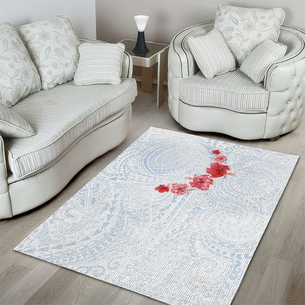 Hawaiian Tribal Tattoo and Hibiscus Area Rug Polynesian Pattern Airy White Blue Cloud