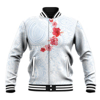 Hawaiian Tribal Tattoo and Hibiscus Baseball Jacket Polynesian Pattern Airy White Blue Cloud