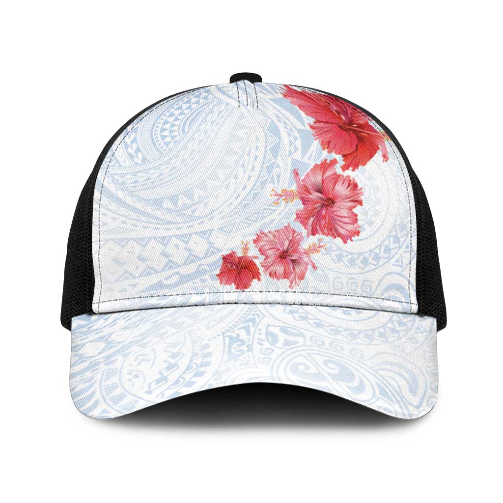 Hawaiian Tribal Tattoo and Hibiscus Baseball Net Cap Polynesian Pattern Airy White Blue Cloud