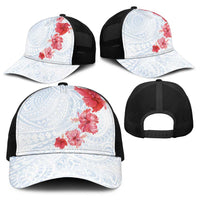Hawaiian Tribal Tattoo and Hibiscus Baseball Net Cap Polynesian Pattern Airy White Blue Cloud