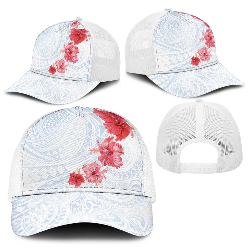 Hawaiian Tribal Tattoo and Hibiscus Baseball Net Cap Polynesian Pattern Airy White Blue Cloud
