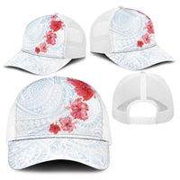 Hawaiian Tribal Tattoo and Hibiscus Baseball Net Cap Polynesian Pattern Airy White Blue Cloud