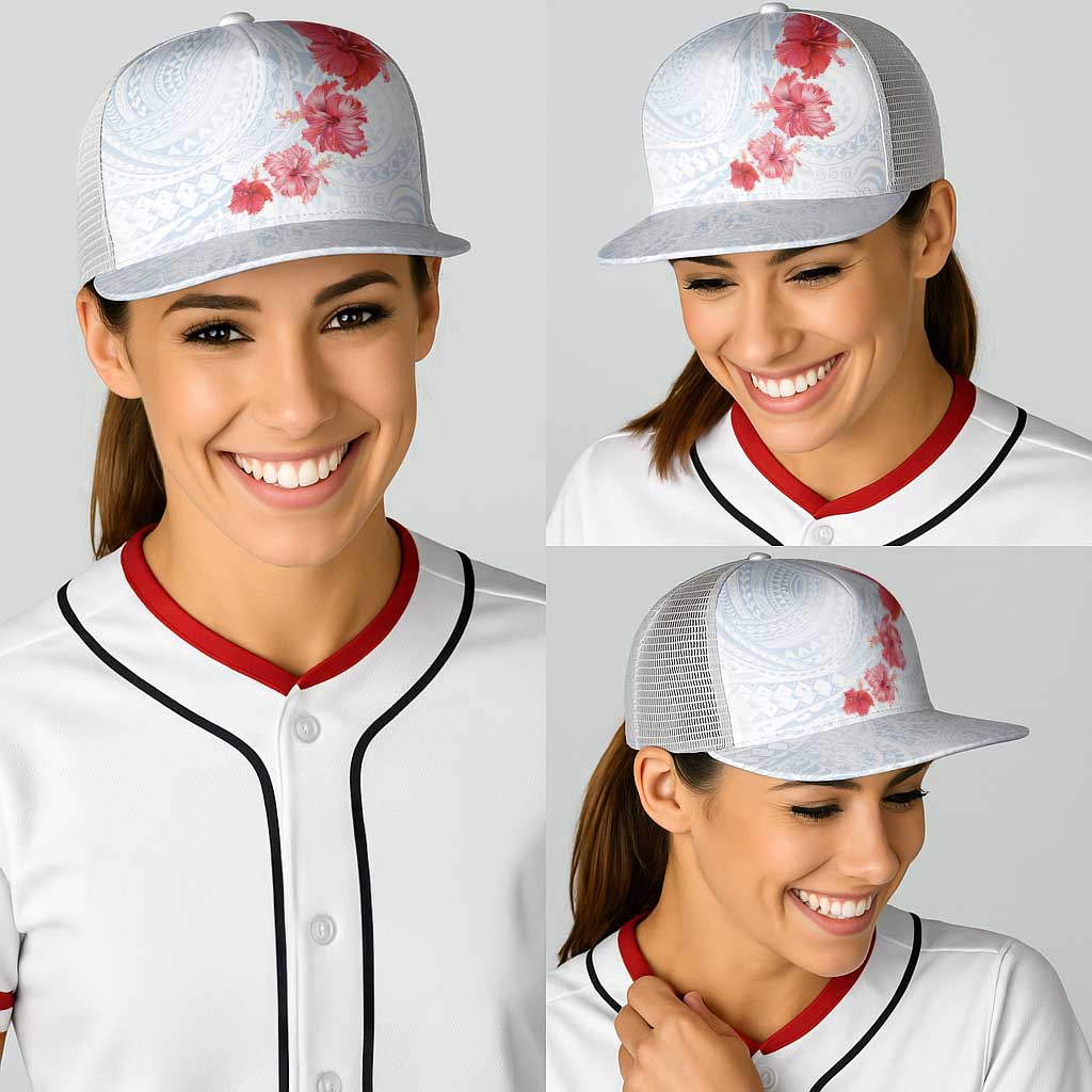 Hawaiian Tribal Tattoo and Hibiscus Baseball Net Cap Polynesian Pattern Airy White Blue Cloud
