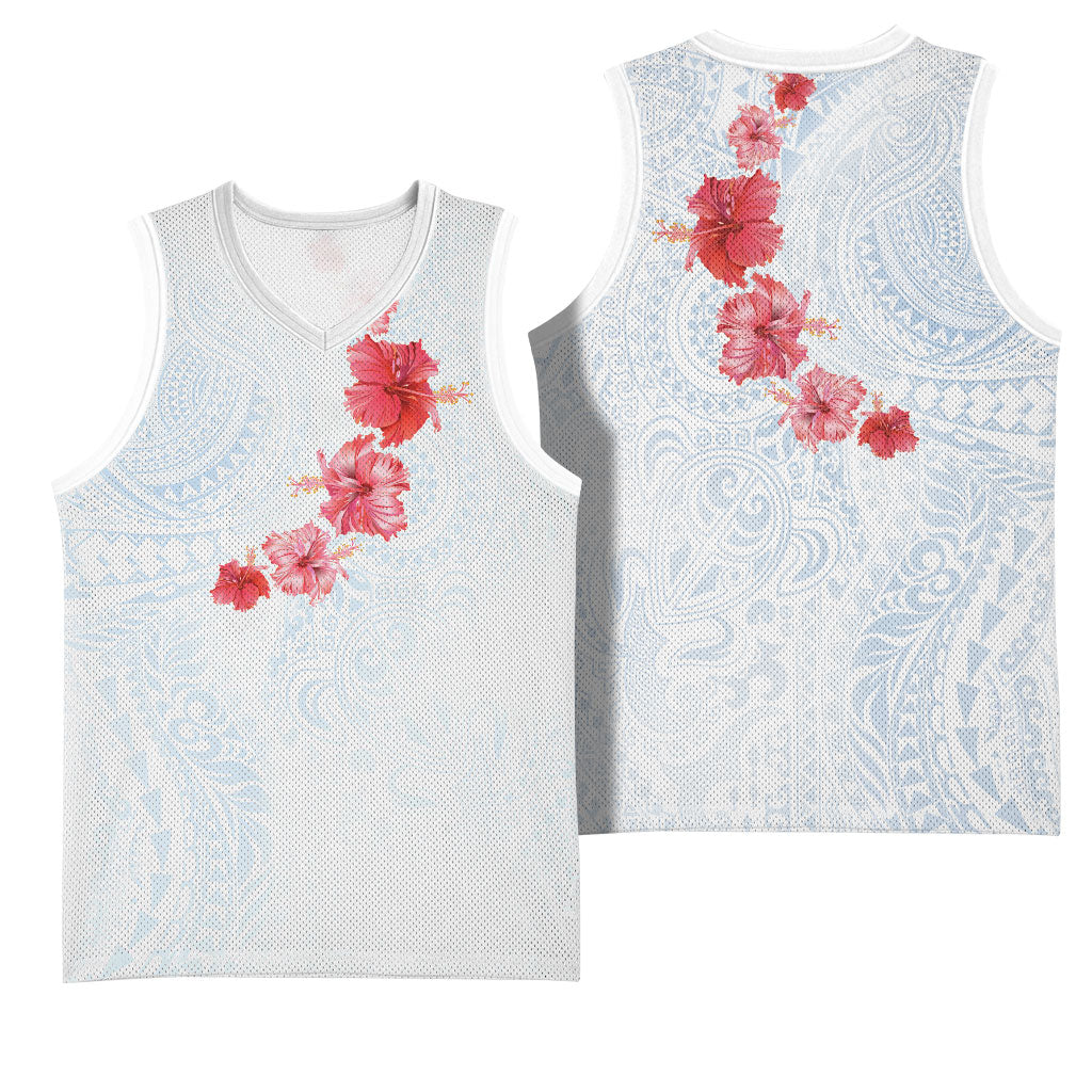 Hawaiian Tribal Tattoo and Hibiscus Basketball Jersey Polynesian Pattern Airy White Blue Cloud