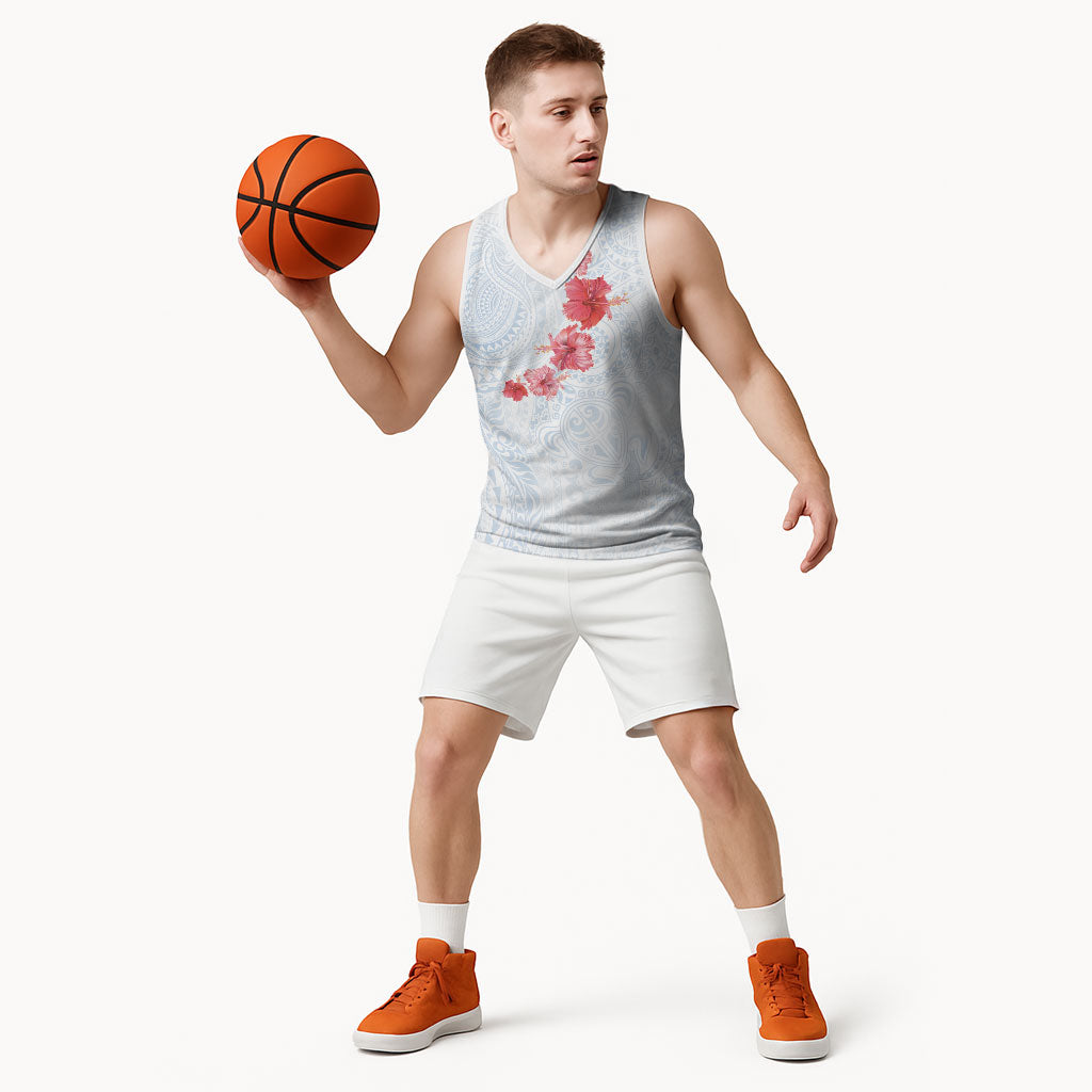 Hawaiian Tribal Tattoo and Hibiscus Basketball Jersey Polynesian Pattern Airy White Blue Cloud
