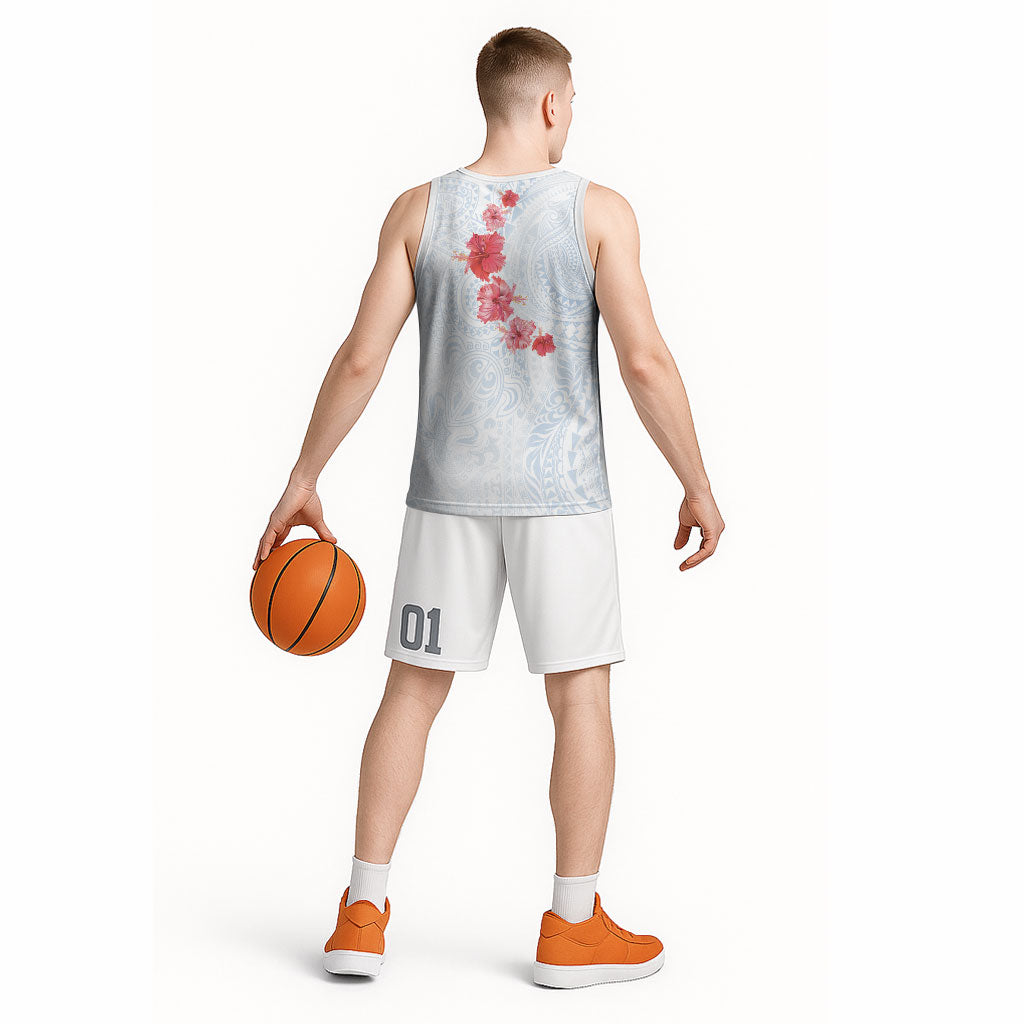 Hawaiian Tribal Tattoo and Hibiscus Basketball Jersey Polynesian Pattern Airy White Blue Cloud
