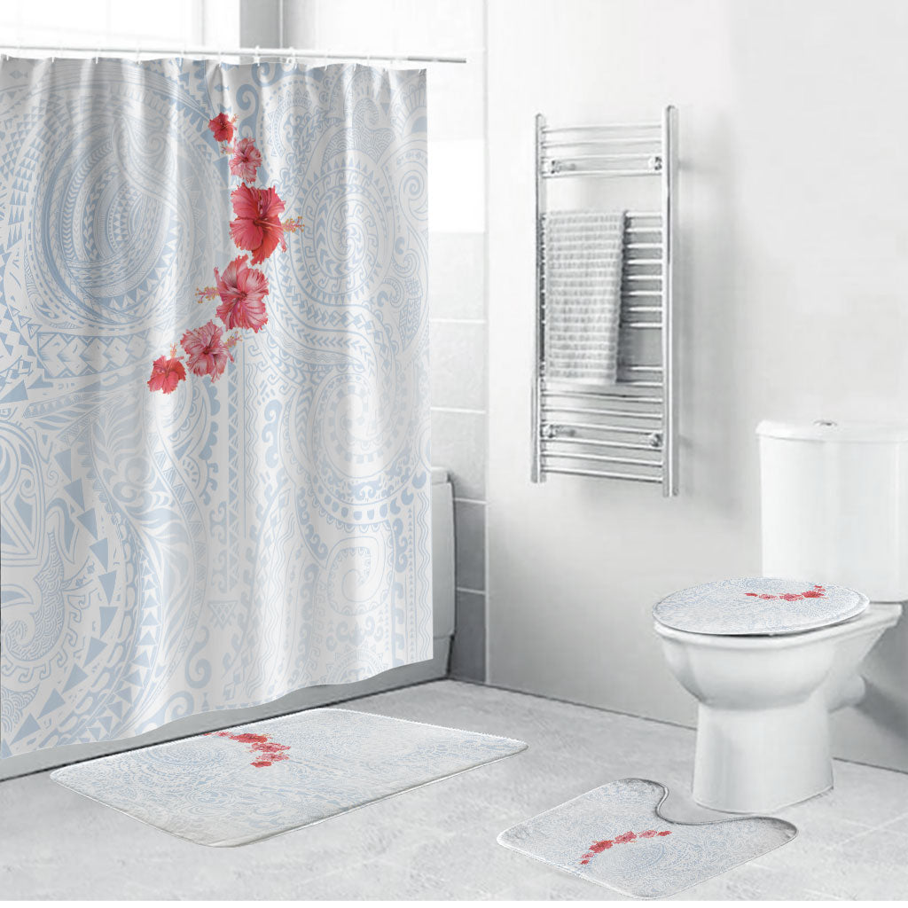 Hawaiian Tribal Tattoo and Hibiscus Bathroom Set Polynesian Pattern Airy White Blue Cloud