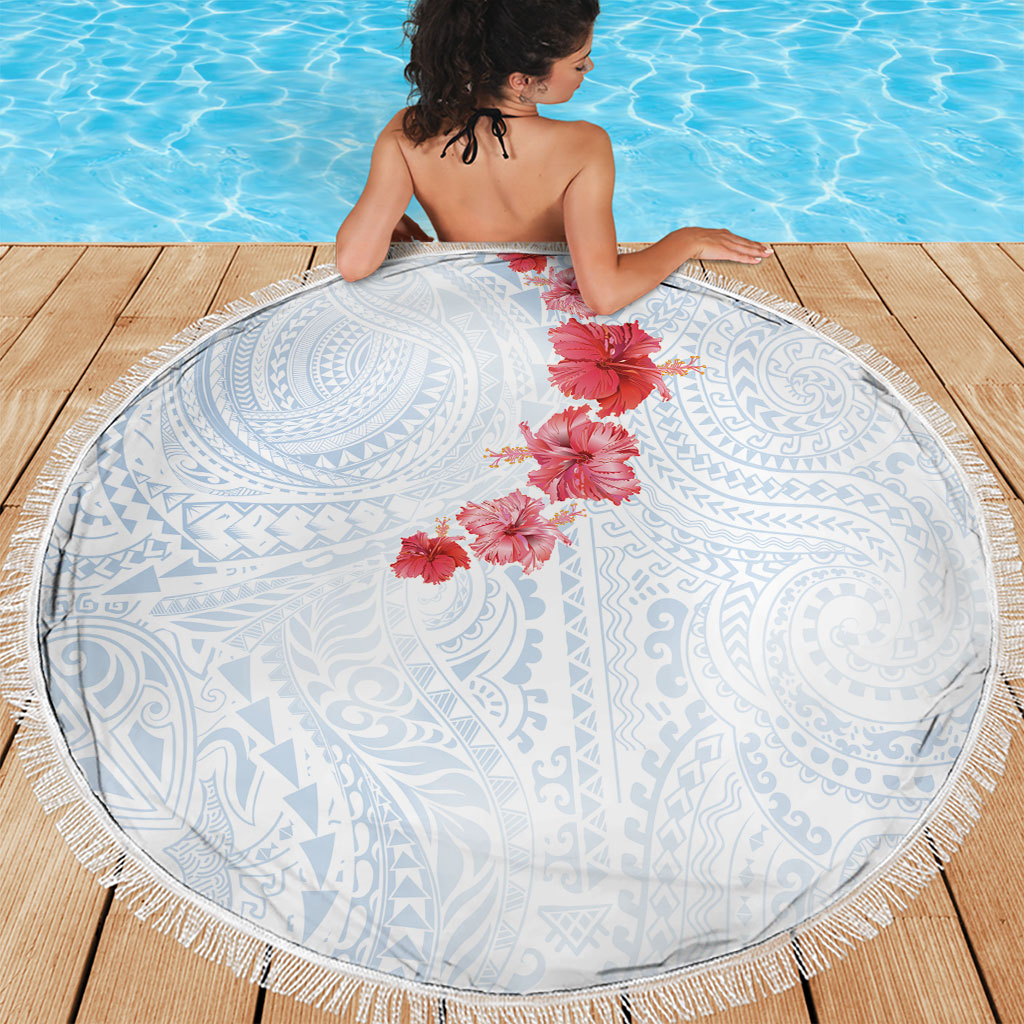 Hawaiian Tribal Tattoo and Hibiscus Beach Blanket Polynesian Pattern Airy White Blue Cloud