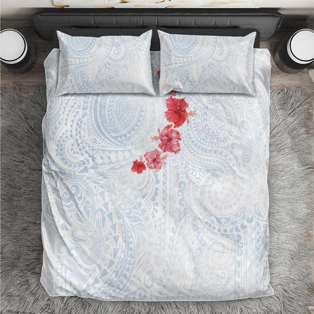 Hawaiian Tribal Tattoo and Hibiscus Bedding Set Polynesian Pattern Airy White Blue Cloud
