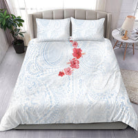 Hawaiian Tribal Tattoo and Hibiscus Bedding Set Polynesian Pattern Airy White Blue Cloud