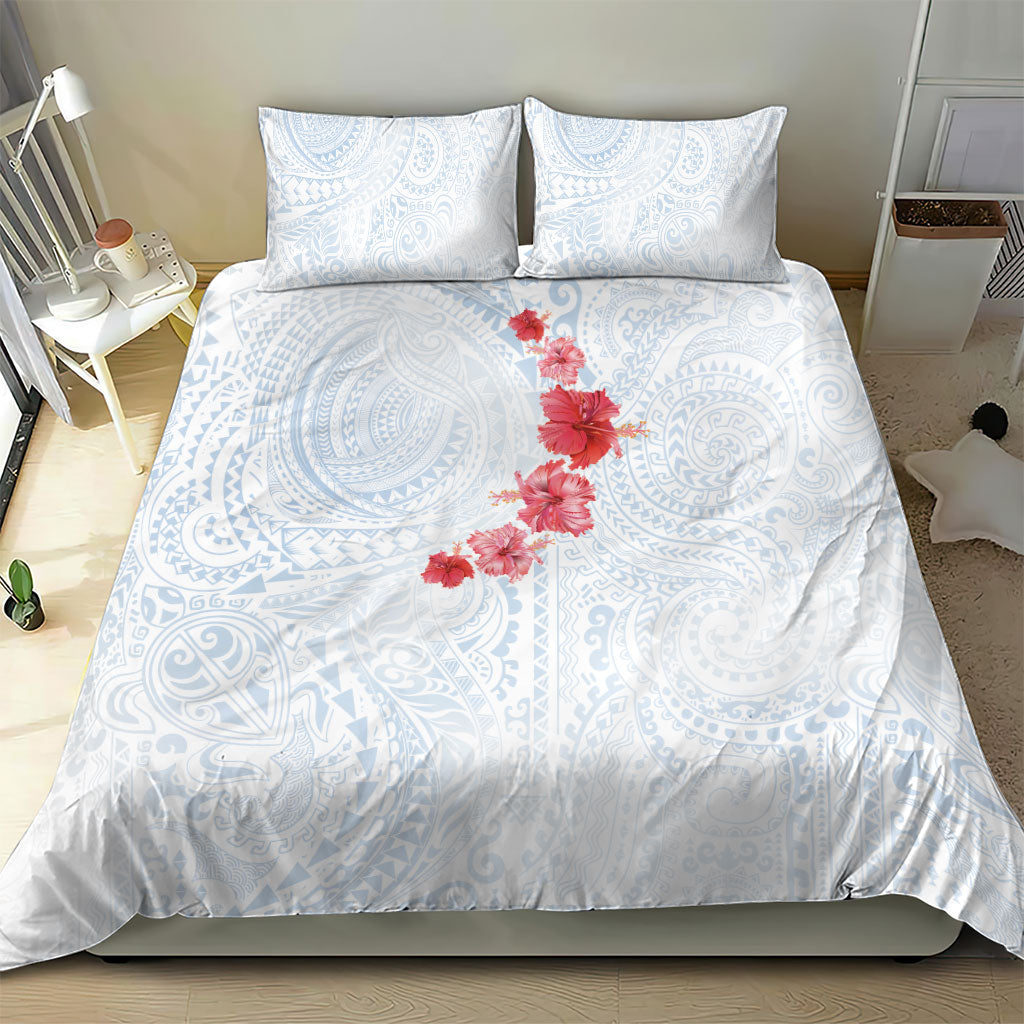 Hawaiian Tribal Tattoo and Hibiscus Bedding Set Polynesian Pattern Airy White Blue Cloud