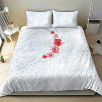 Hawaiian Tribal Tattoo and Hibiscus Bedding Set Polynesian Pattern Airy White Blue Cloud