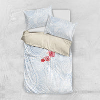 Hawaiian Tribal Tattoo and Hibiscus Bedding Set Polynesian Pattern Airy White Blue Cloud