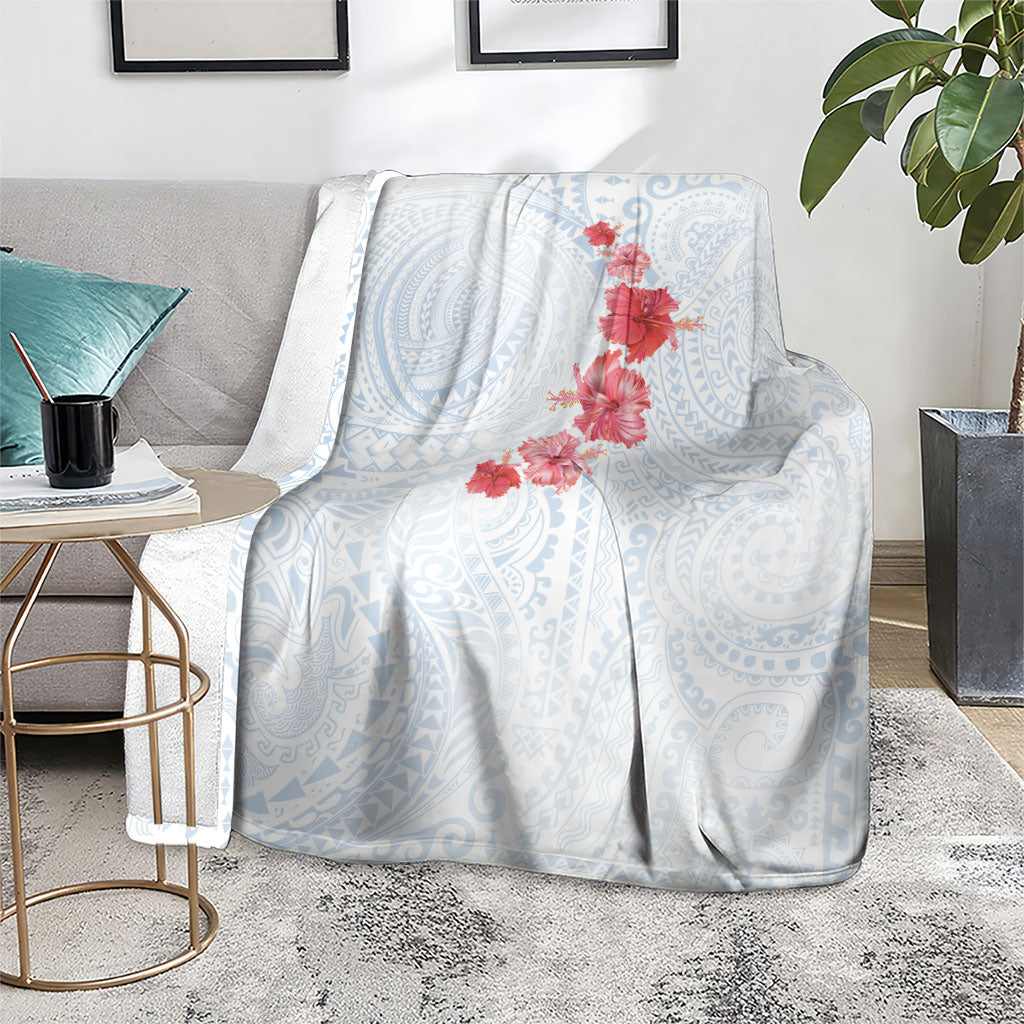 Hawaiian Tribal Tattoo and Hibiscus Blanket Polynesian Pattern Airy White Blue Cloud