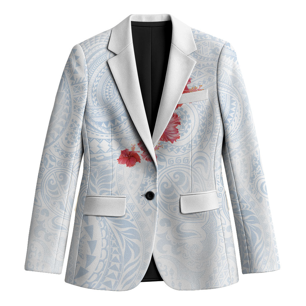 Hawaiian Tribal Tattoo and Hibiscus Blazer Polynesian Pattern Airy White Blue Cloud