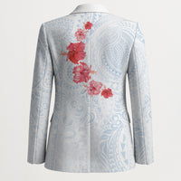 Hawaiian Tribal Tattoo and Hibiscus Blazer Polynesian Pattern Airy White Blue Cloud