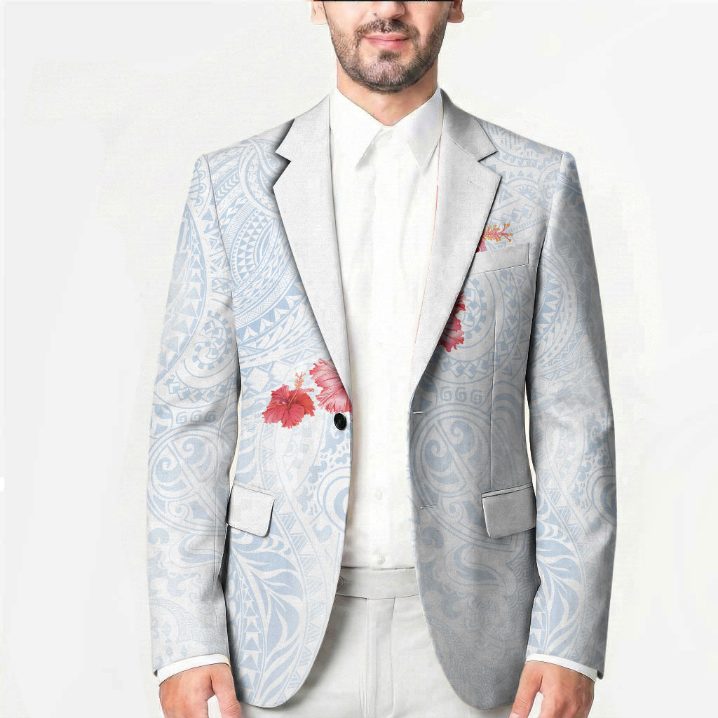 Hawaiian Tribal Tattoo and Hibiscus Blazer Polynesian Pattern Airy White Blue Cloud