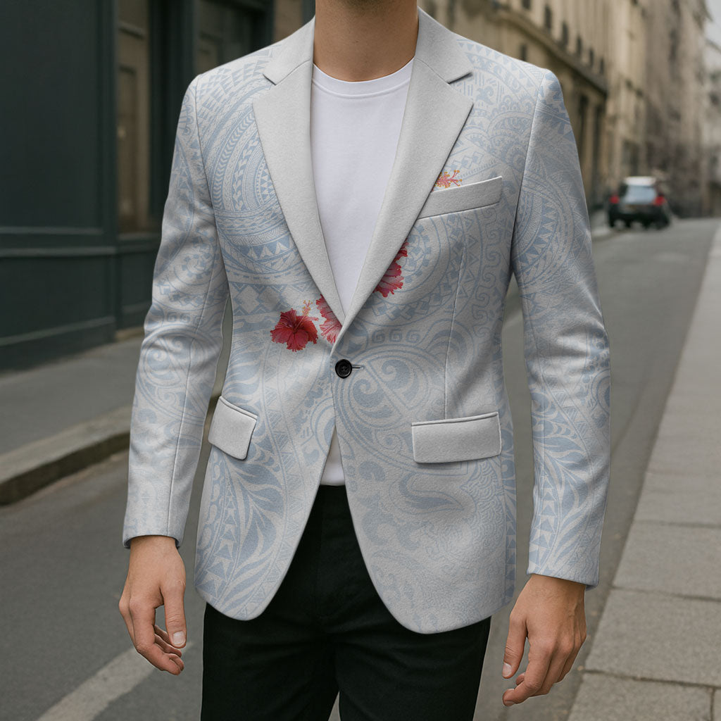Hawaiian Tribal Tattoo and Hibiscus Blazer Polynesian Pattern Airy White Blue Cloud
