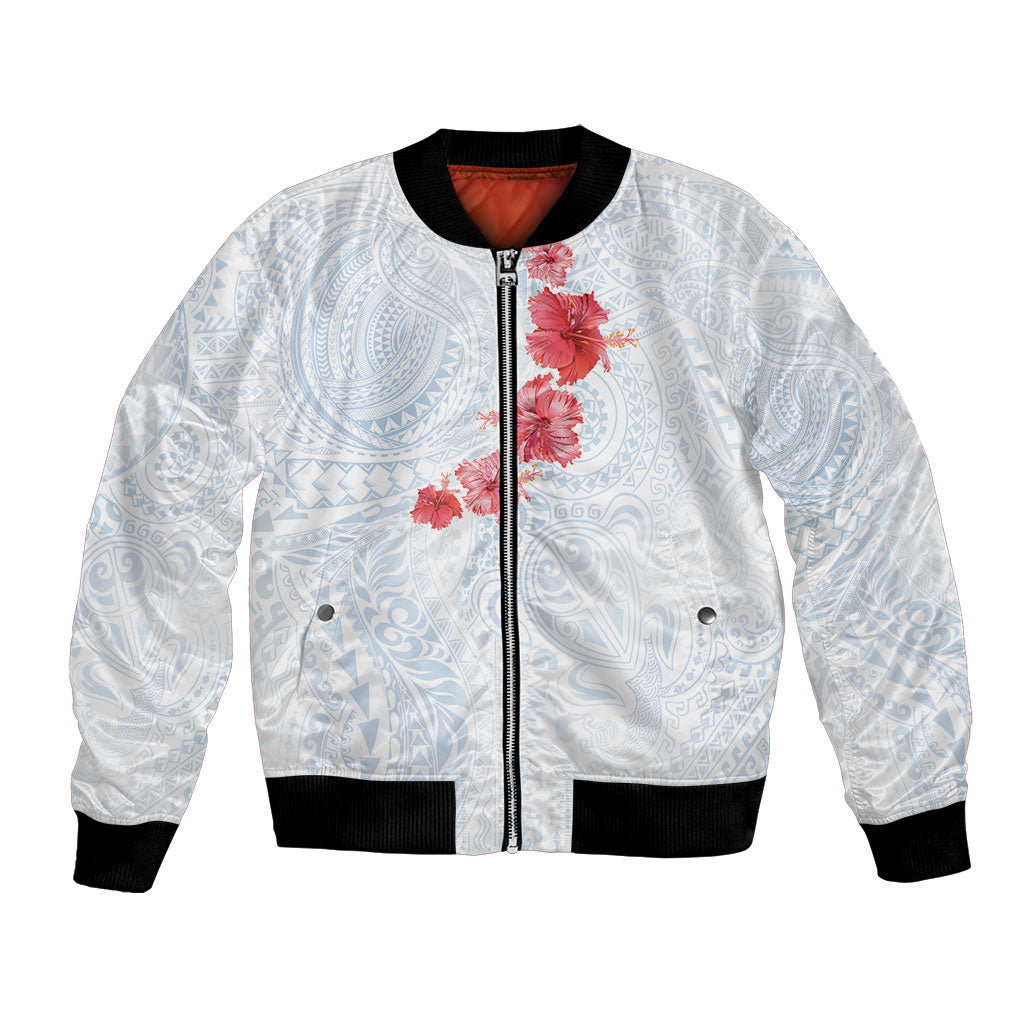 Hawaiian Tribal Tattoo and Hibiscus Bomber Jacket Polynesian Pattern Airy White Blue Cloud