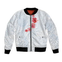 Hawaiian Tribal Tattoo and Hibiscus Bomber Jacket Polynesian Pattern Airy White Blue Cloud