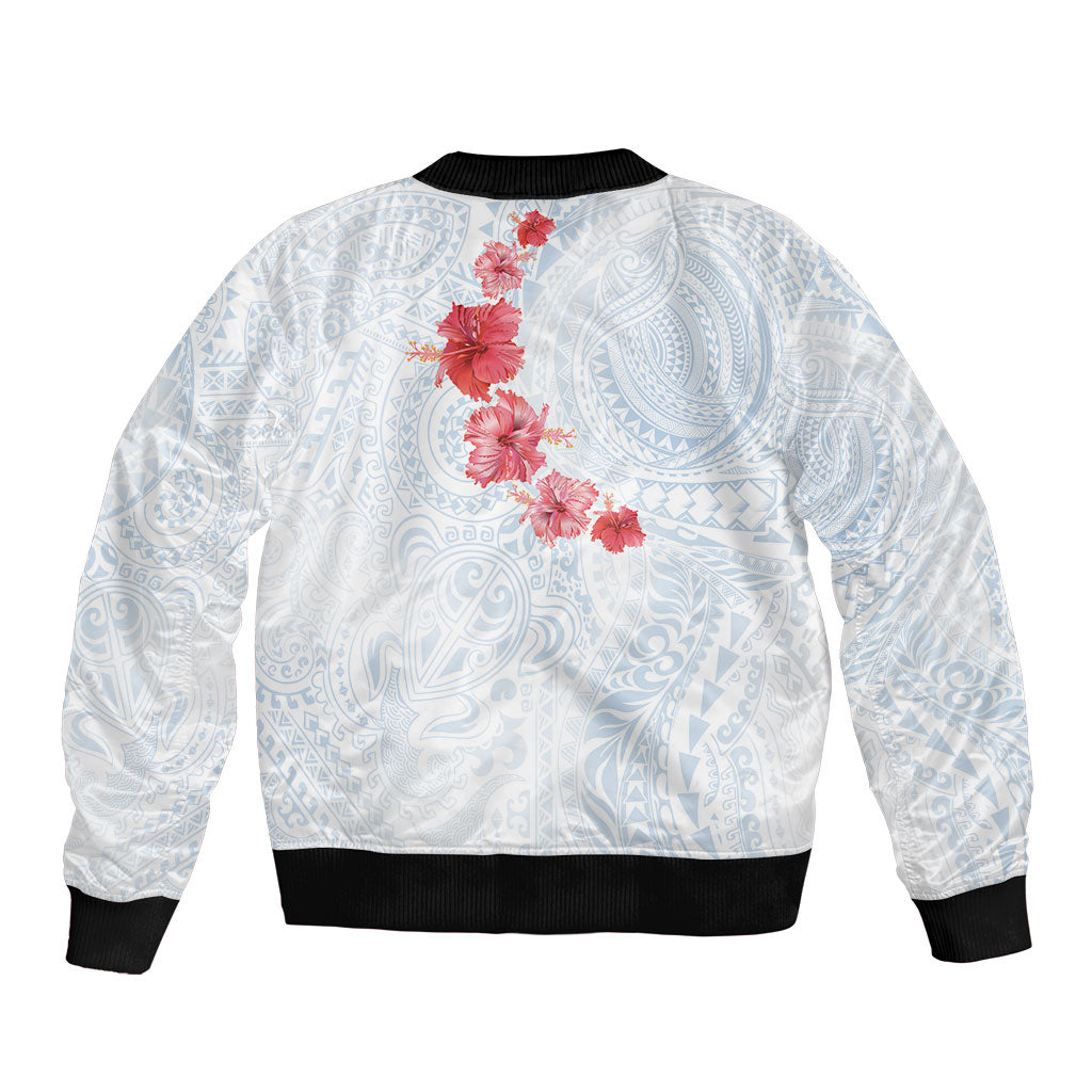 Hawaiian Tribal Tattoo and Hibiscus Bomber Jacket Polynesian Pattern Airy White Blue Cloud