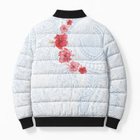 Hawaiian Tribal Tattoo and Hibiscus Bomber Puffer Jacket Polynesian Pattern Airy White Blue Cloud