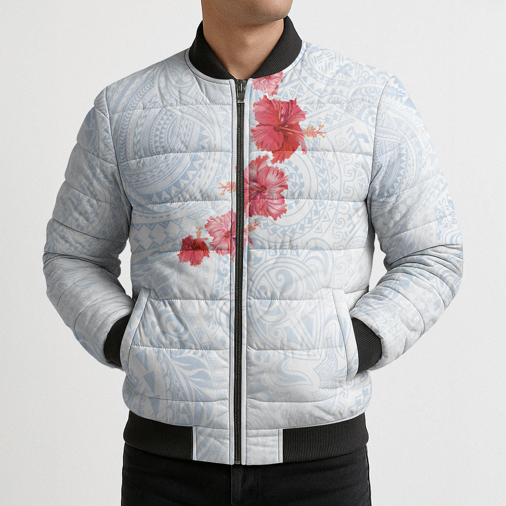 Hawaiian Tribal Tattoo and Hibiscus Bomber Puffer Jacket Polynesian Pattern Airy White Blue Cloud