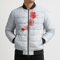 Hawaiian Tribal Tattoo and Hibiscus Bomber Puffer Jacket Polynesian Pattern Airy White Blue Cloud